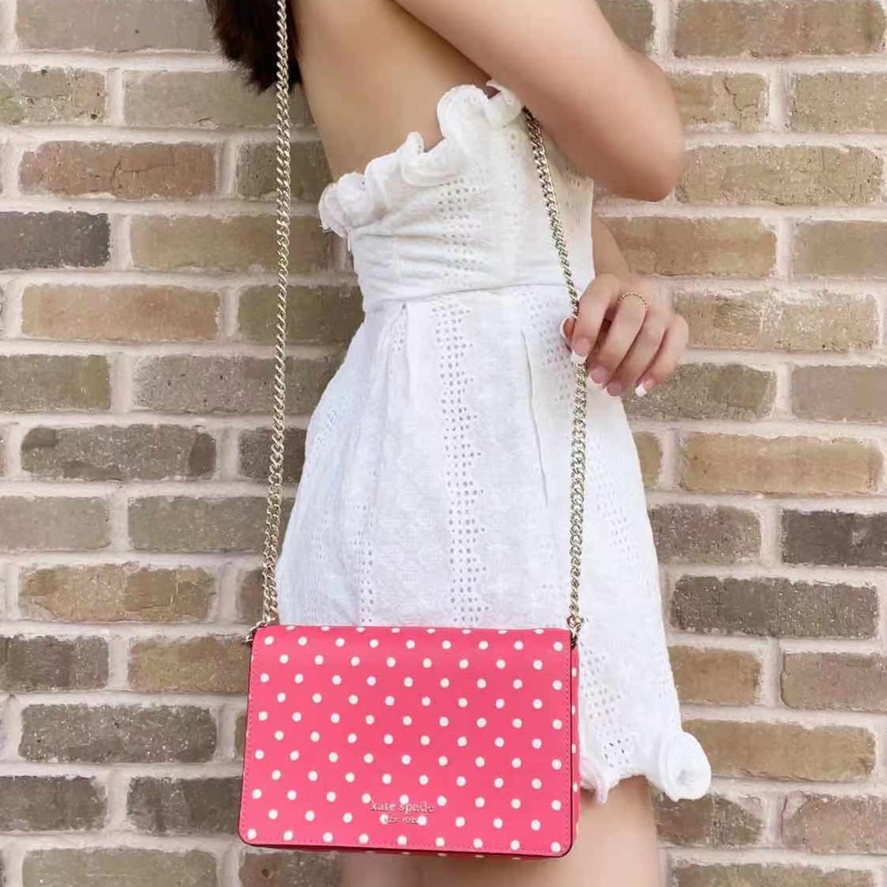 Kate Spade Spencer Dots Chain Wallet Chain Crossbody Clutch Peach Melba Multi - Picture 2 of 8